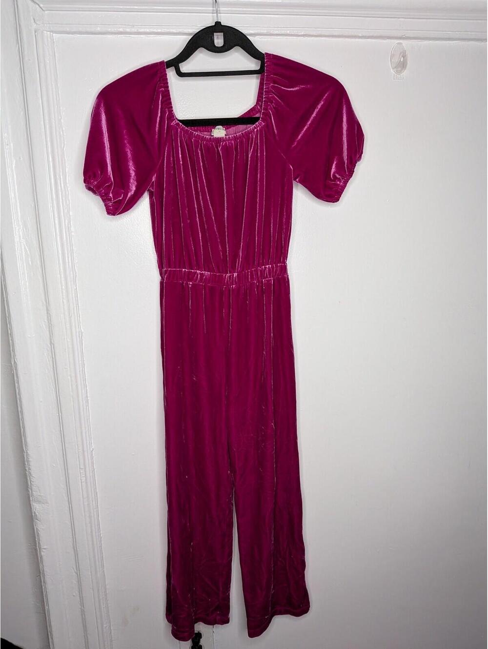 Crewcuts Jumpsuit Girls 8 Pink Velour Puff Sleeve Square Neck Party Holiday